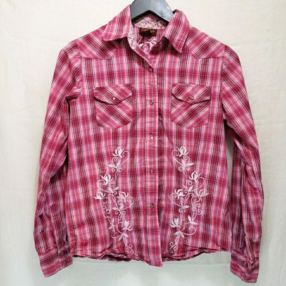 LifeStyle Pink Plaid Embroidered Western Snap Shirt Women's Size S Long Sleeve